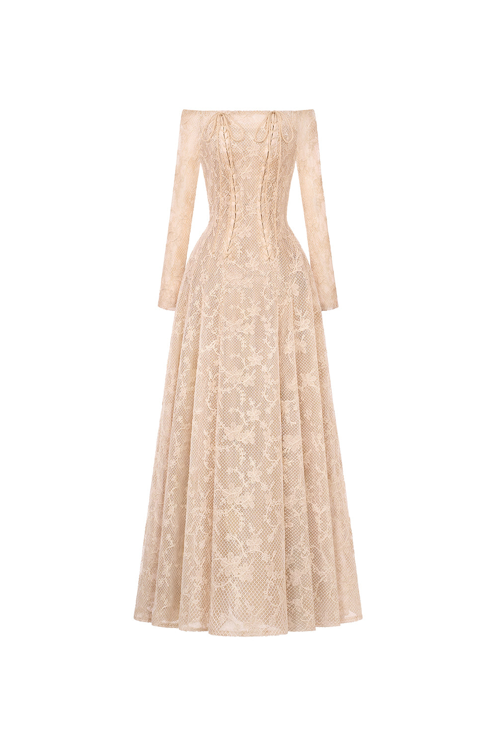 beige off-the-shoulder long-sleeve lace maxi dress, DeTHEIA De Nona Cometa