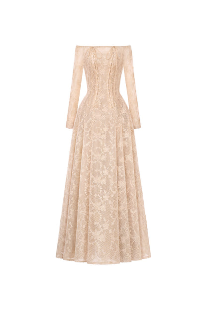 beige off-the-shoulder long-sleeve lace maxi dress, DeTHEIA De Nona Cometa