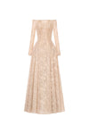 beige off-the-shoulder long-sleeve lace maxi dress, DeTHEIA De Nona Cometa