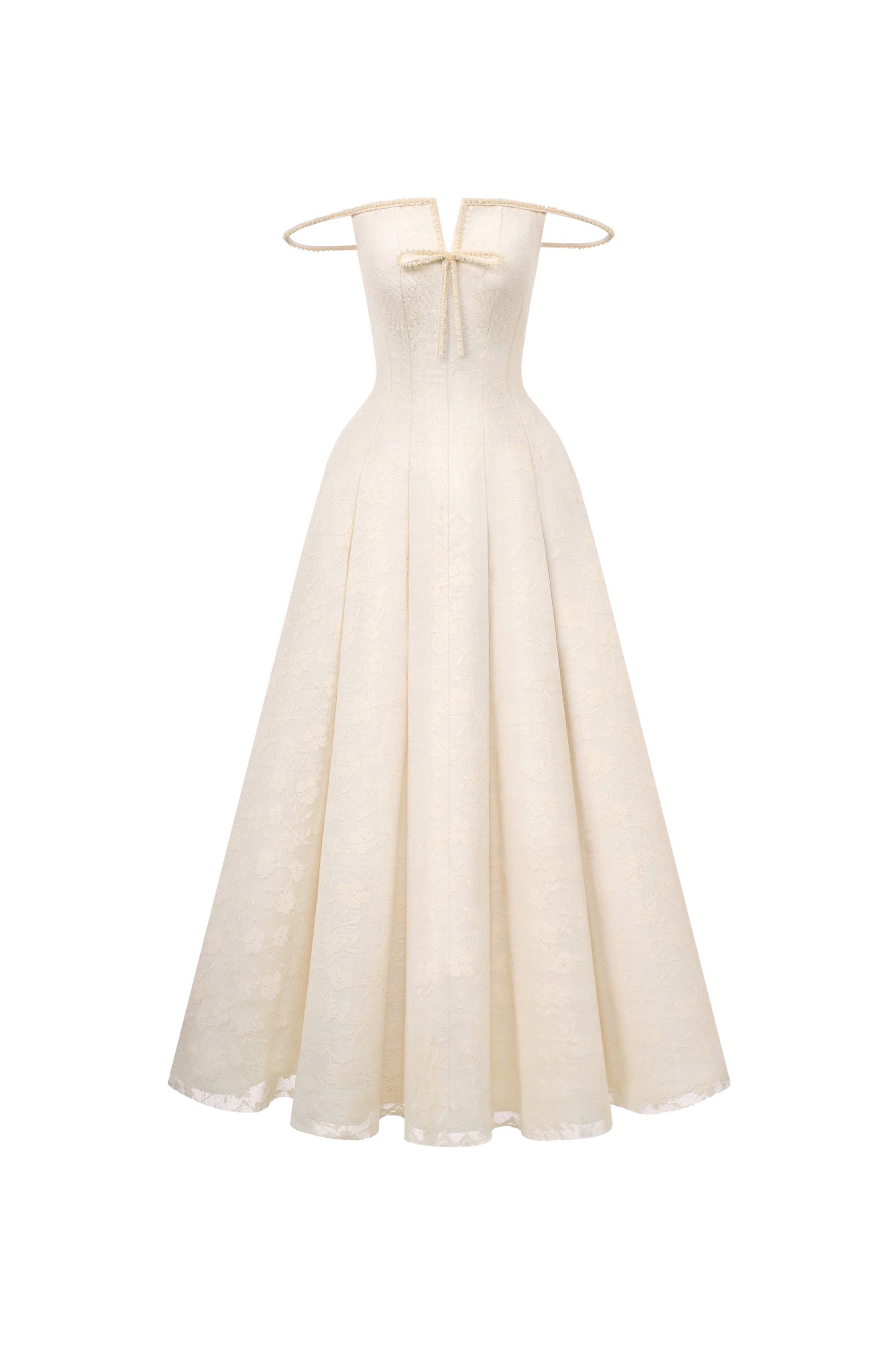 cream off-the-shoulder flared maxi dress with bow, DeTHEIA De Nona Cometa