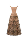 nude flared maxi dress with tiered embellishment, DeTHEIA De Nona Cometa
