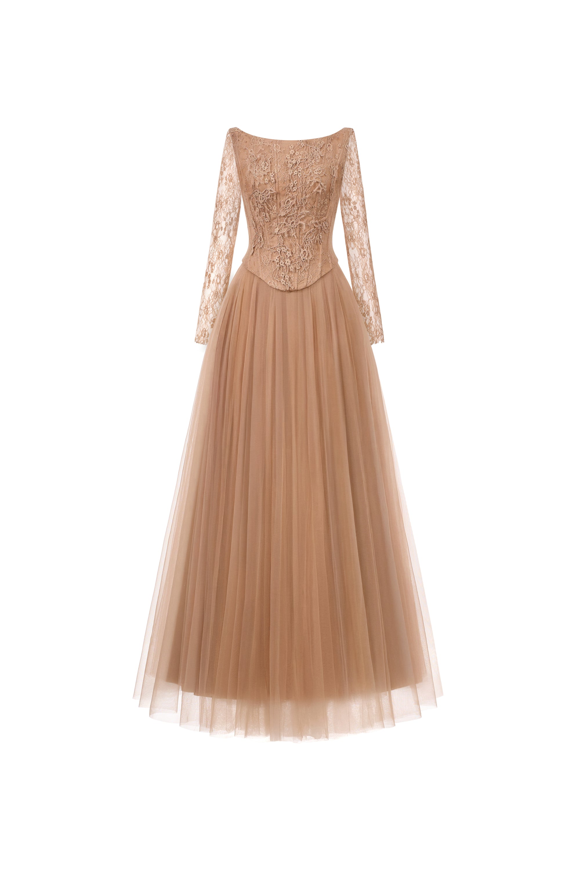 nude long-sleeve lace flared maxi dress, DeTHEIA De Nona Cometa