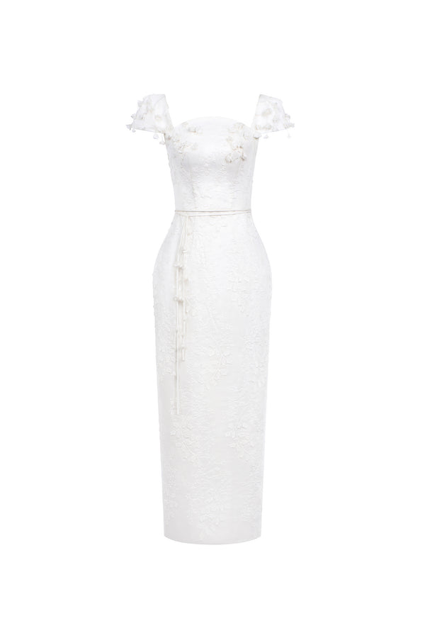 white off shoulder pencil dress Lillianne Off-Shoulder Midi Dress White