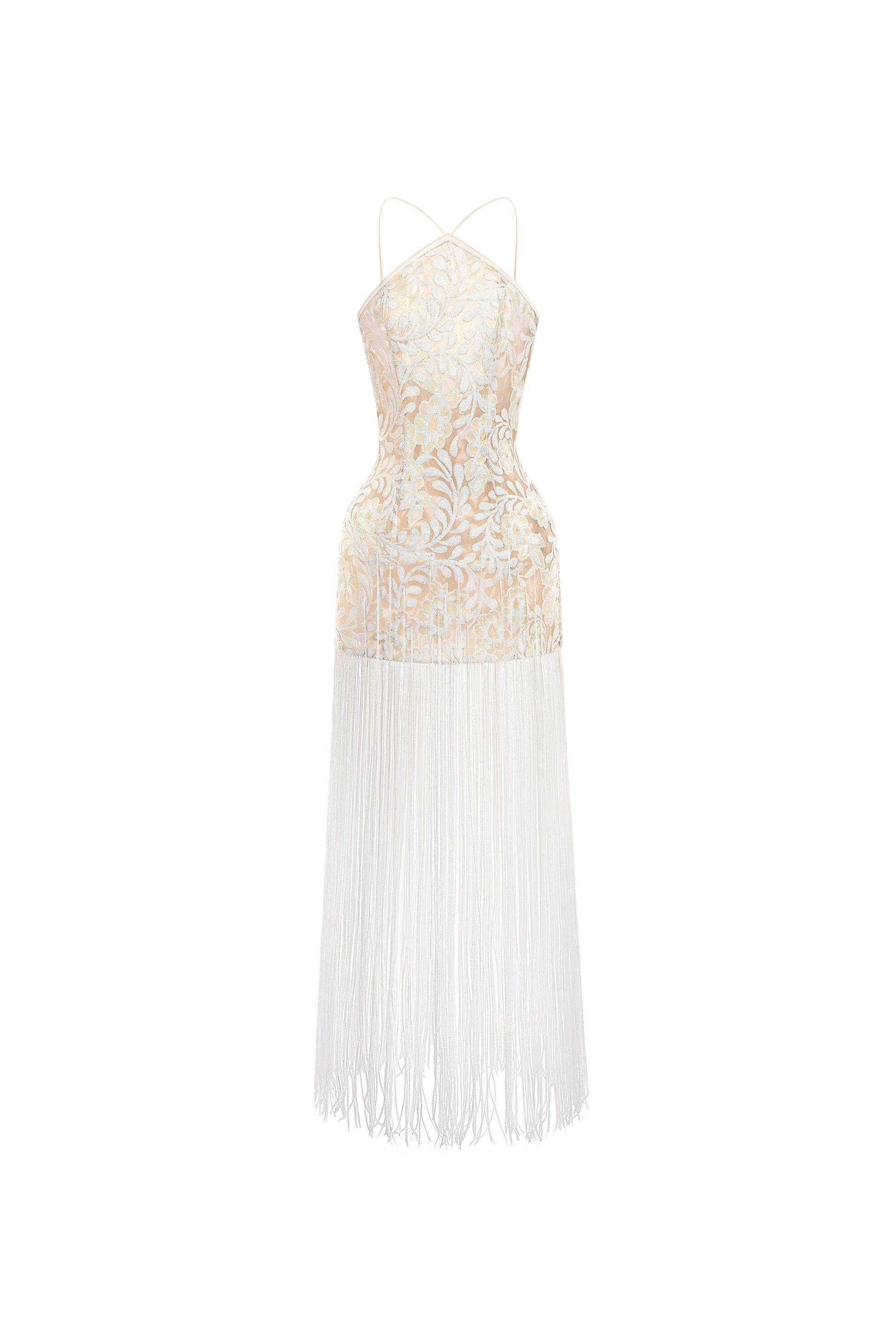 Elegant strapless dress with floral lace bodice and white fringe skirt on a white background