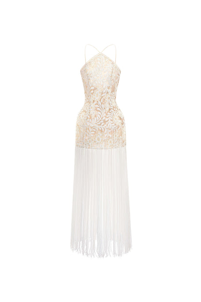 Elegant strapless dress with floral lace bodice and white fringe skirt on a white background