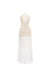 Elegant strapless dress with floral lace bodice and white fringe skirt on a white background