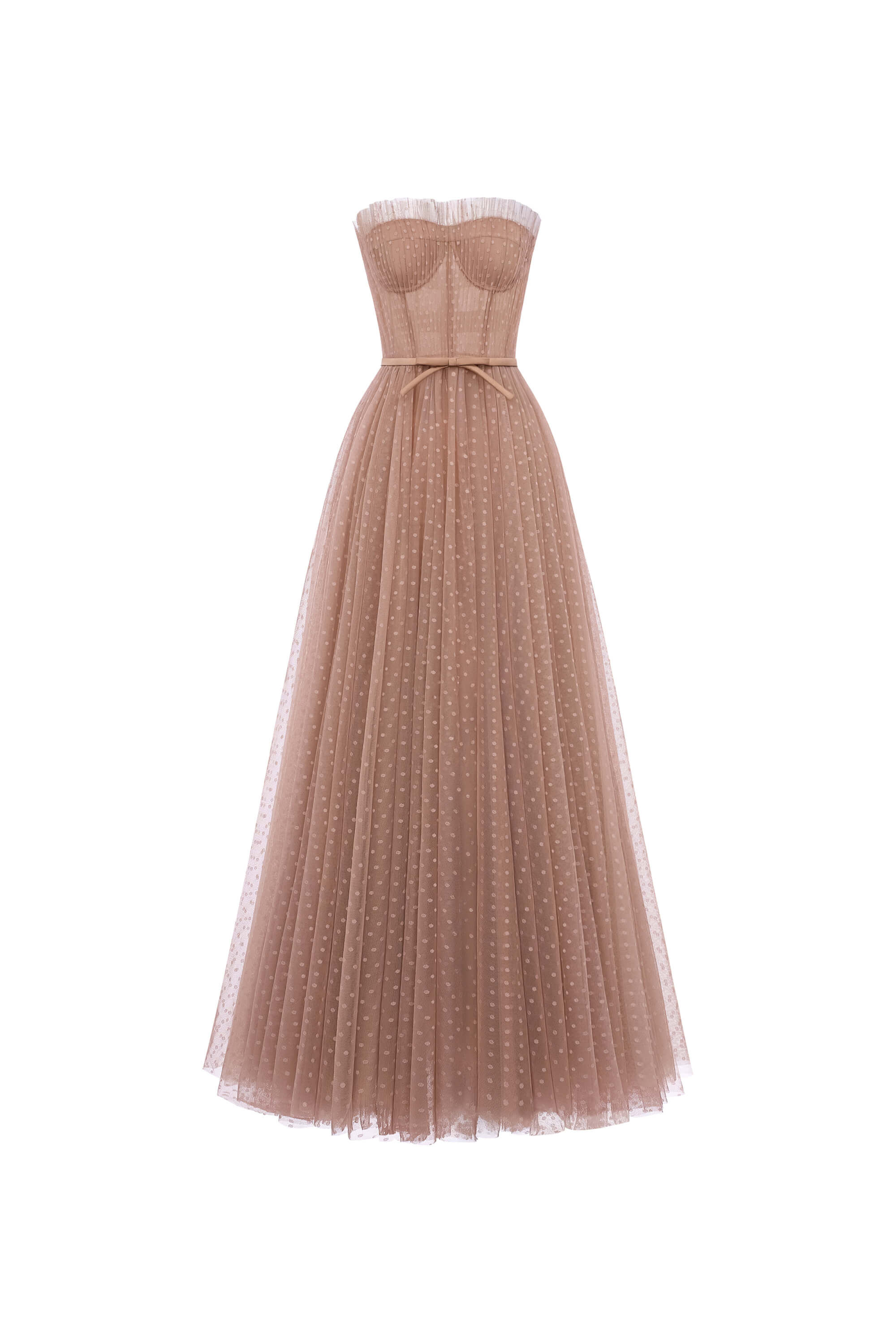 Beige strapless gown with tulle skirt on a white background