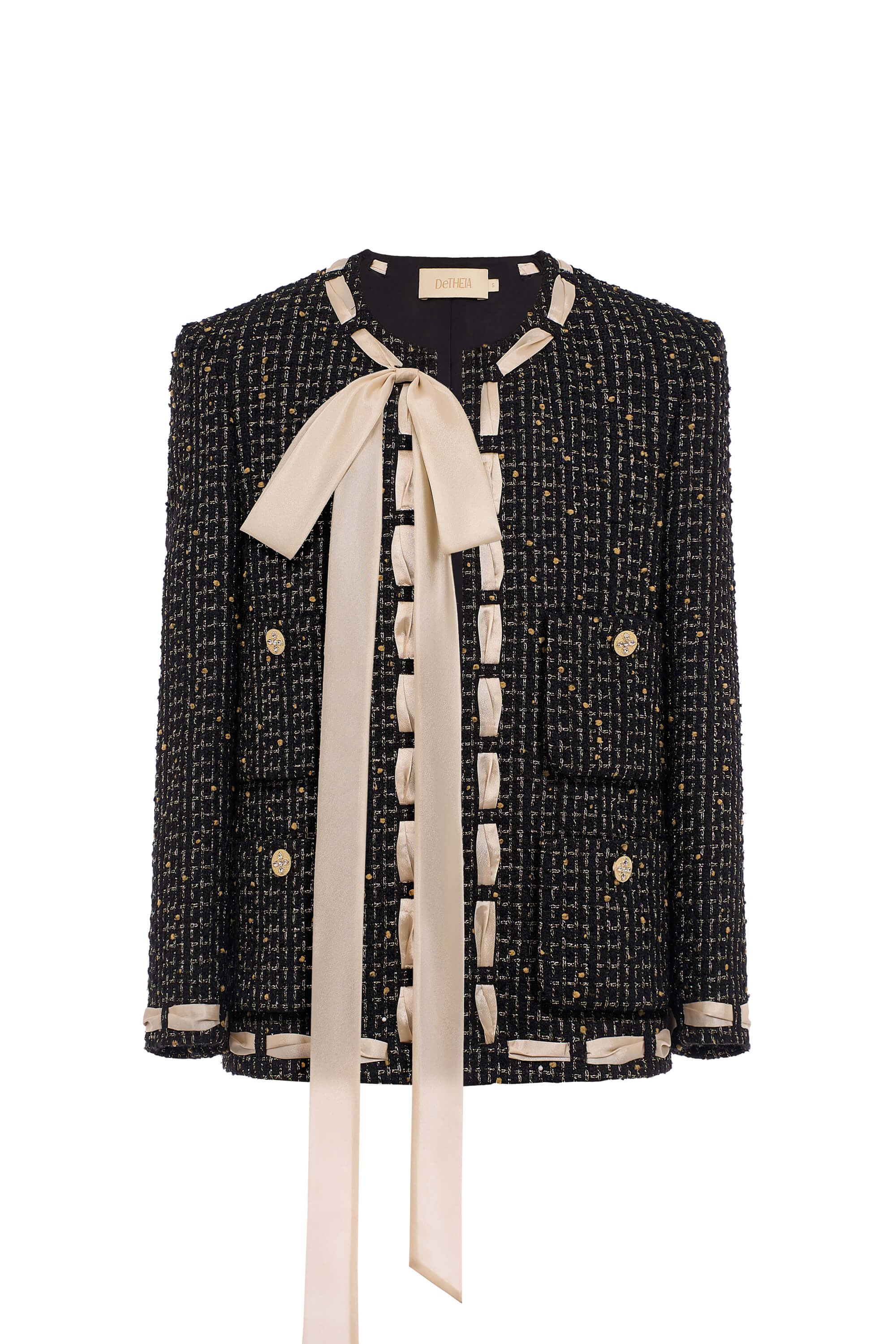 Black tweed jacket with a cream ribbon on a white background