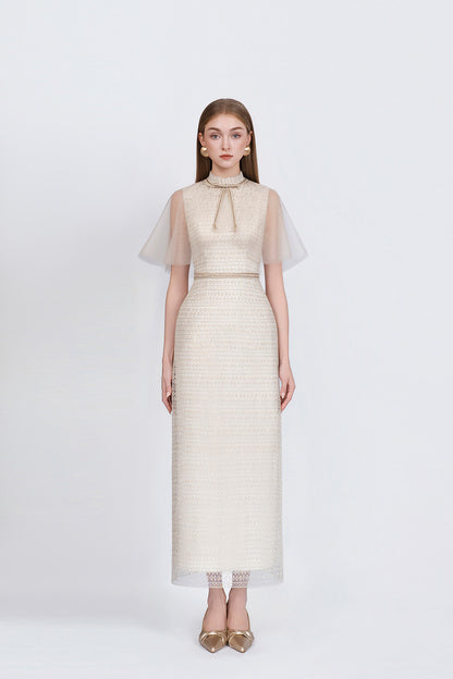 Woman wearing a long, elegant dress with sheer sleeves on a white background