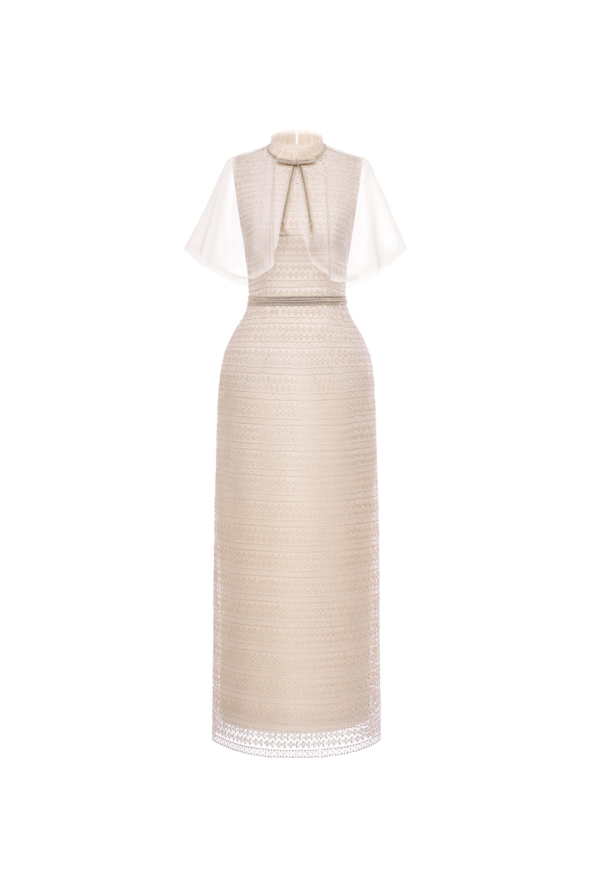 Beige dress with sheer sleeves on a white background