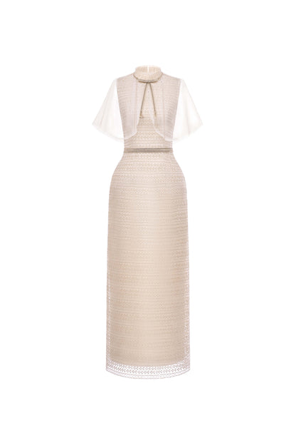 Beige dress with sheer sleeves on a white background