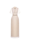 Beige dress with sheer sleeves on a white background