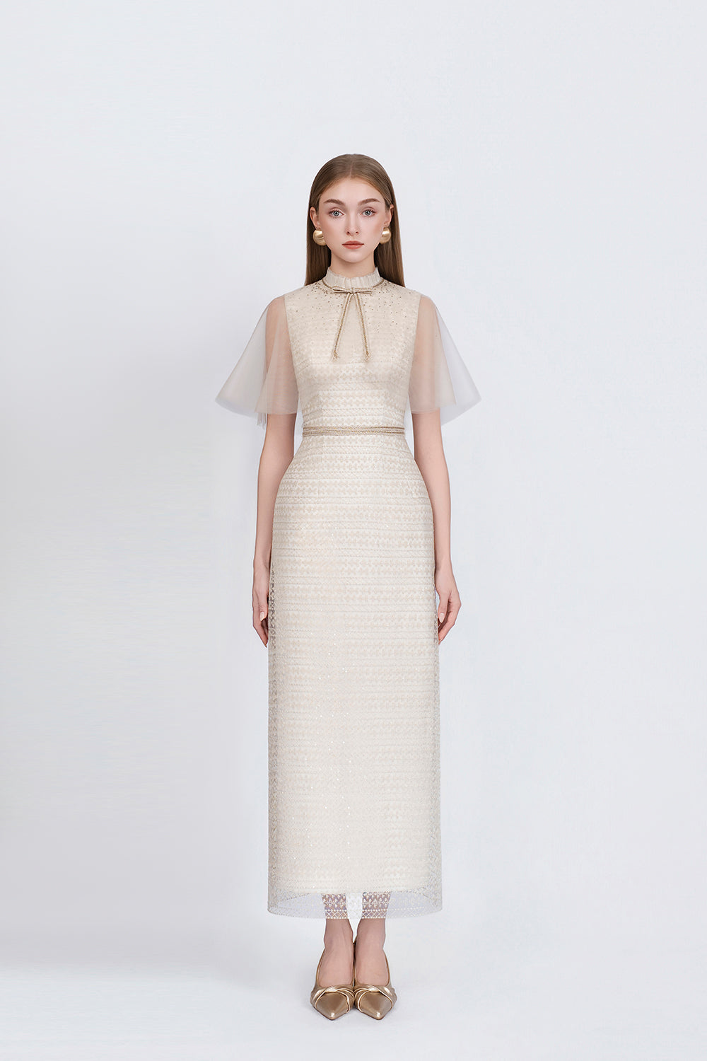 Finette Dress - Front View Beige Silk Dress by DeTHEIA