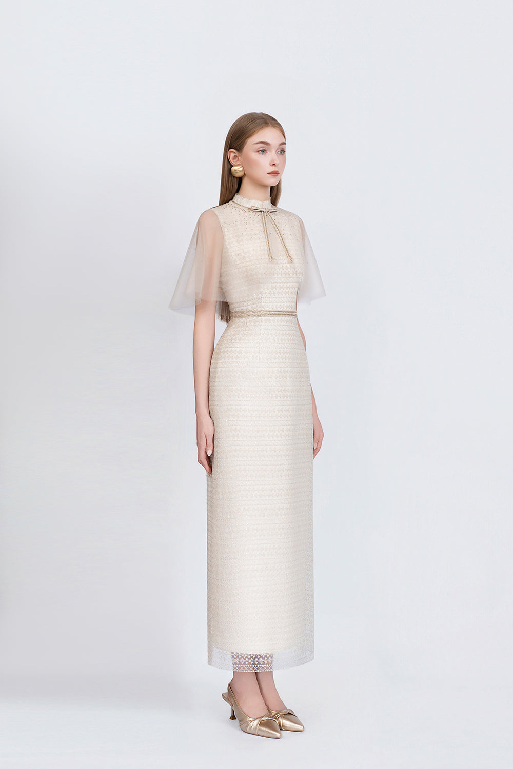 Finette Dress - Side View Beige Silk Dress by DeTHEIA