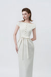 boat neckline and button trim on ivory, DeTHEIA