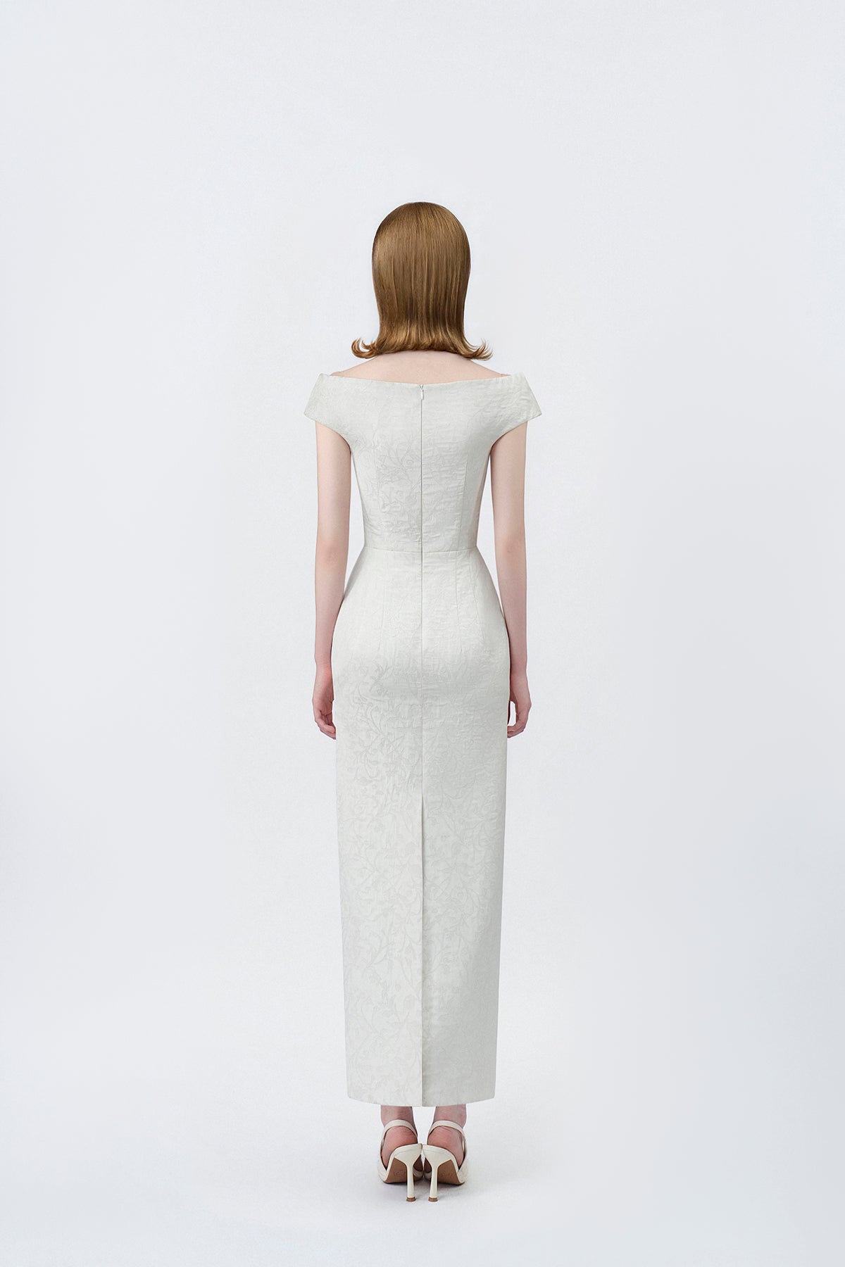 ivory pencil midi dress with back zip, DeTHEIA De Nona Cometa