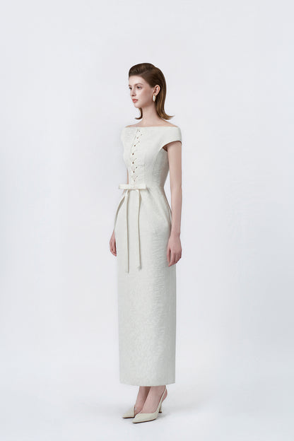ivory tailored pencil midi dress, DeTHEIA