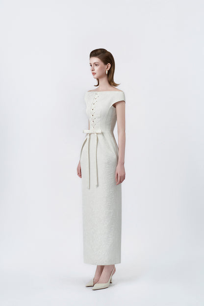 ivory tailored pencil midi dress, DeTHEIA