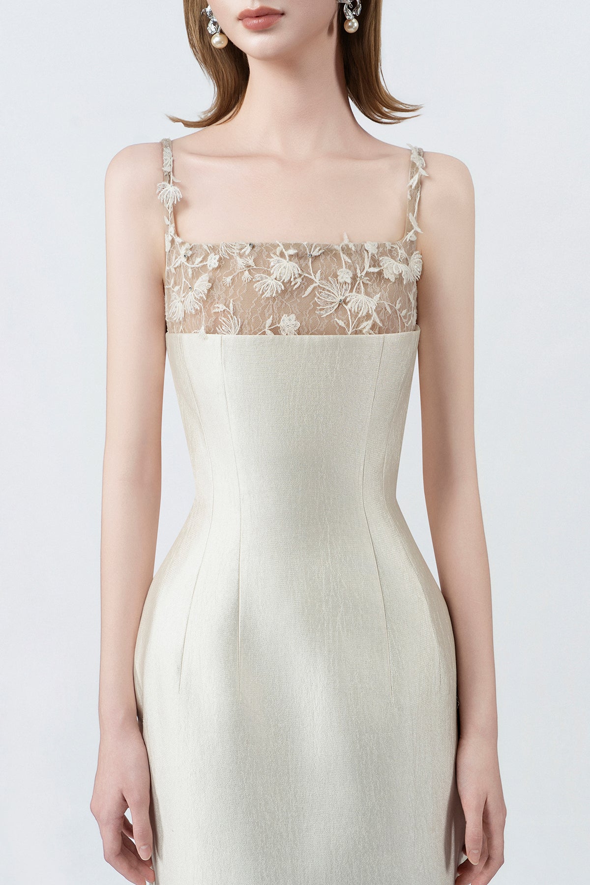 beige pencil midi dress with embellished straps, DeTHEIA