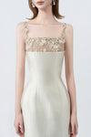 beige pencil midi dress with embellished straps, DeTHEIA