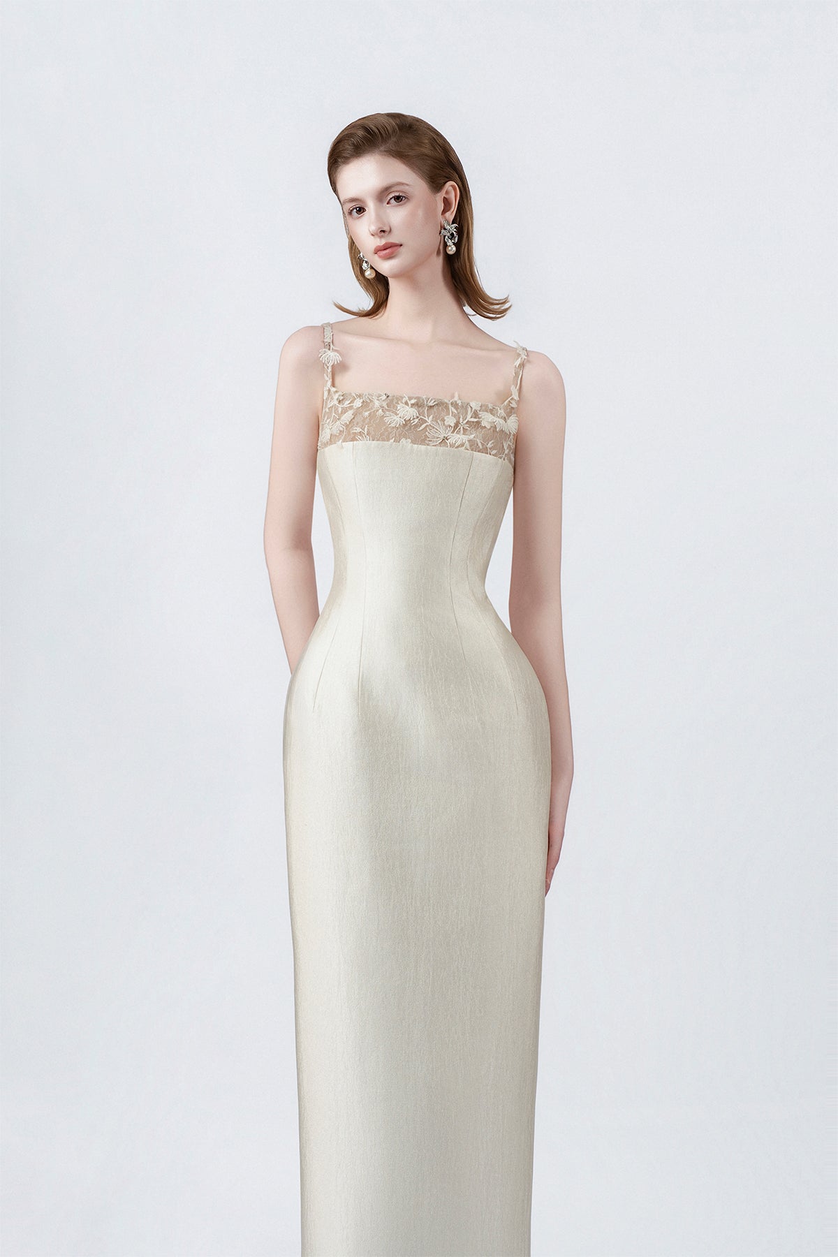square neckline and straps on a beige pencil midi, DeTHEIA