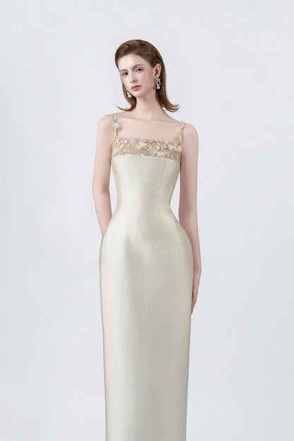 square neckline and straps on a beige pencil midi, DeTHEIA