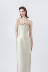 square neckline and straps on a beige pencil midi, DeTHEIA
