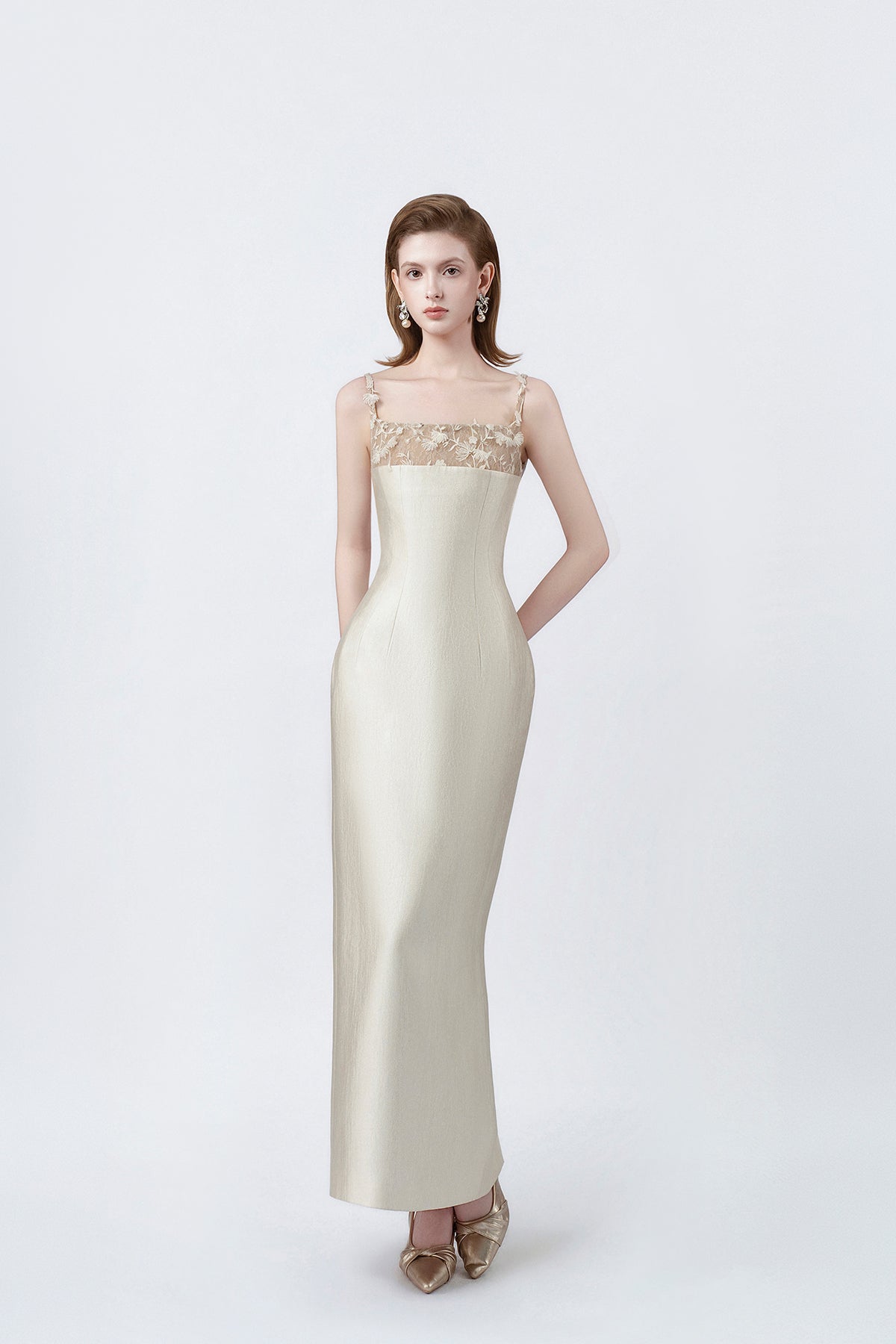 beige pencil midi dress, DeTHEIA De Nona Cometa