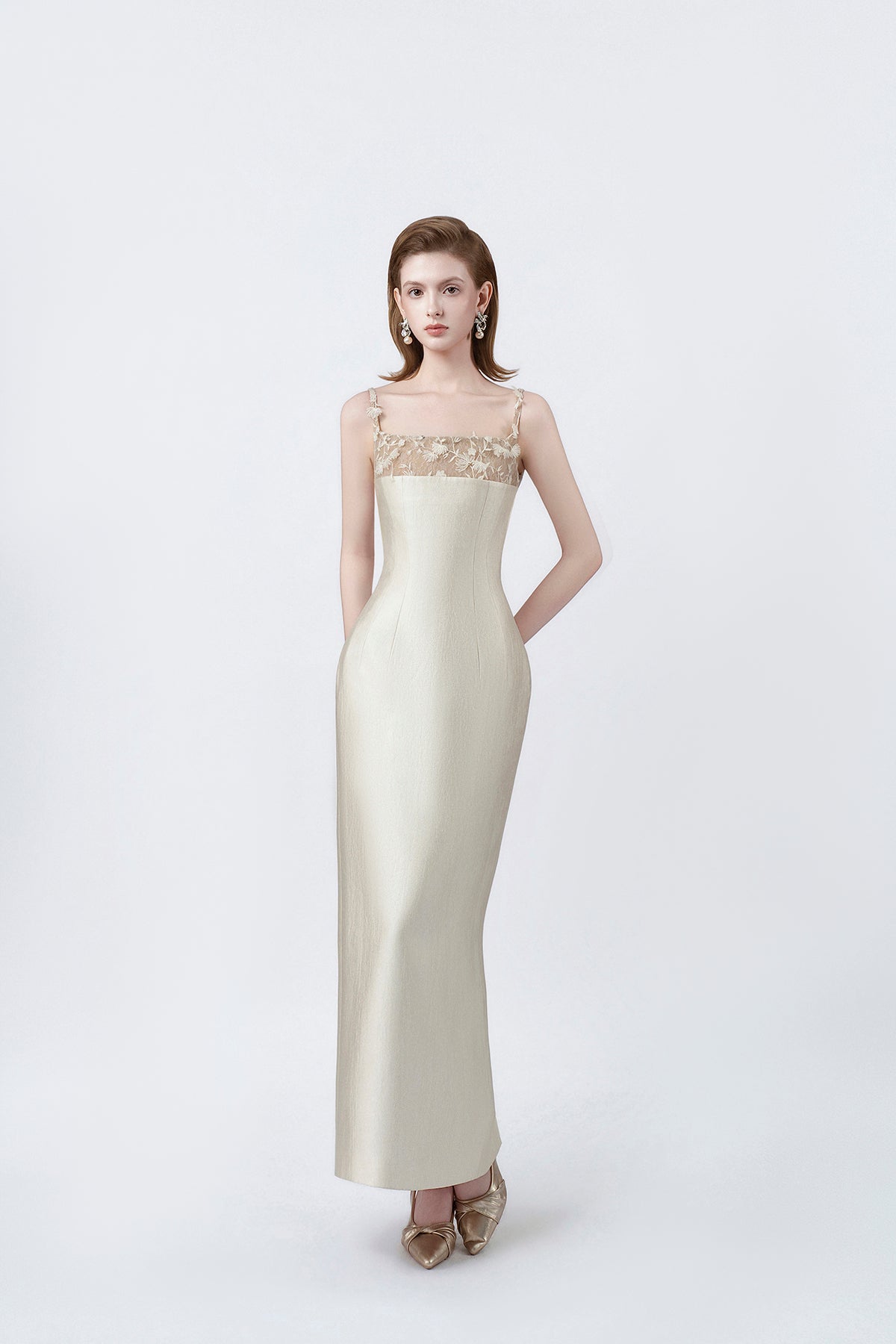beige pencil midi dress, DeTHEIA De Nona Cometa