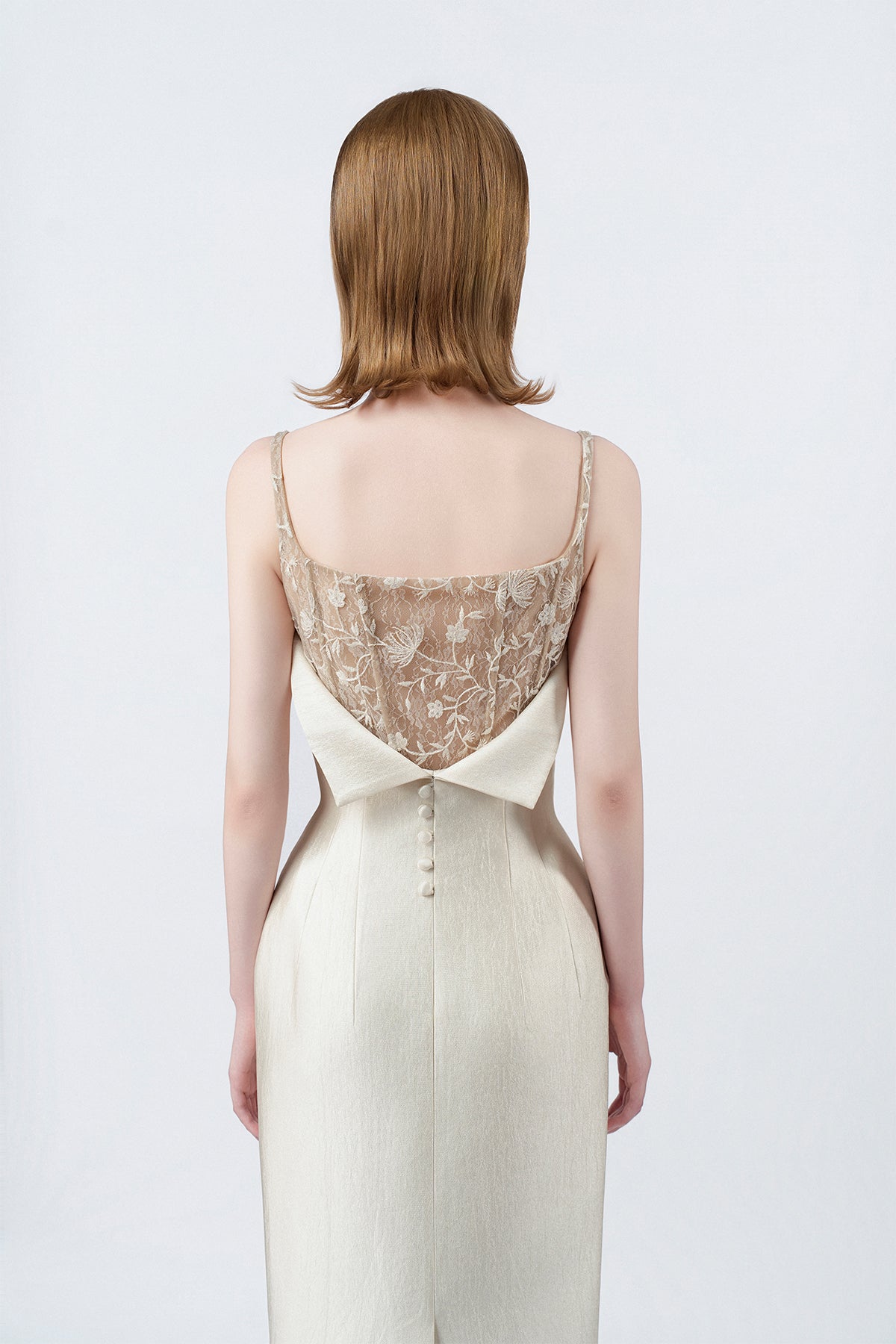 beige pencil midi dress with back zip, DeTHEIA De Nona Cometa
