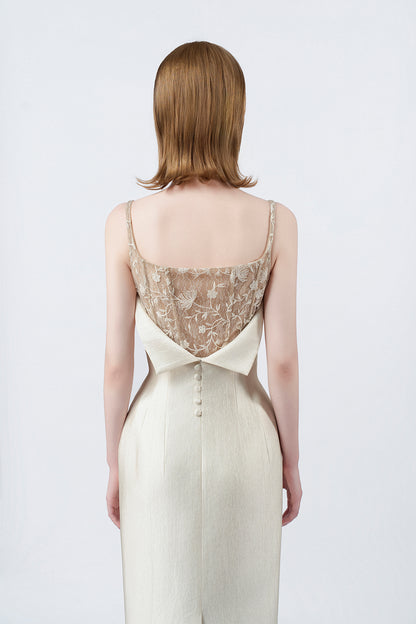 beige pencil midi dress with back zip, DeTHEIA De Nona Cometa