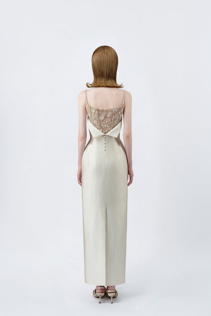beige pencil midi dress with back zip, DeTHEIA De Nona Cometa