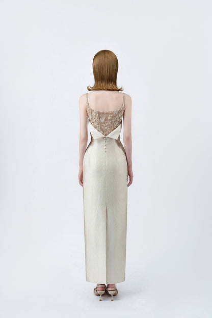 beige pencil midi dress with back zip, DeTHEIA De Nona Cometa