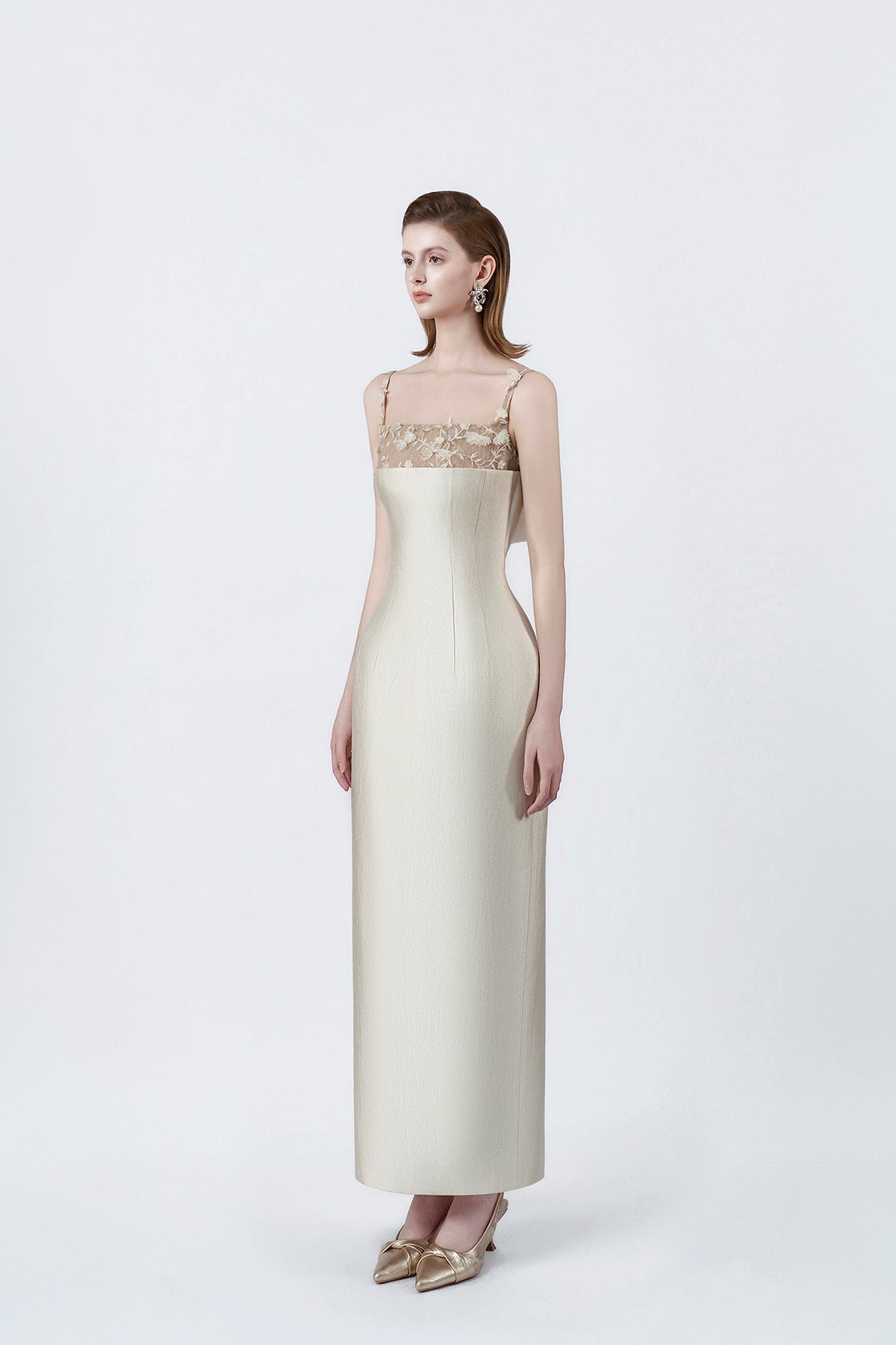 beige body-skimming pencil midi dress, DeTHEIA