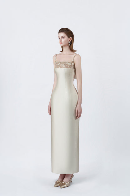 beige body-skimming pencil midi dress, DeTHEIA