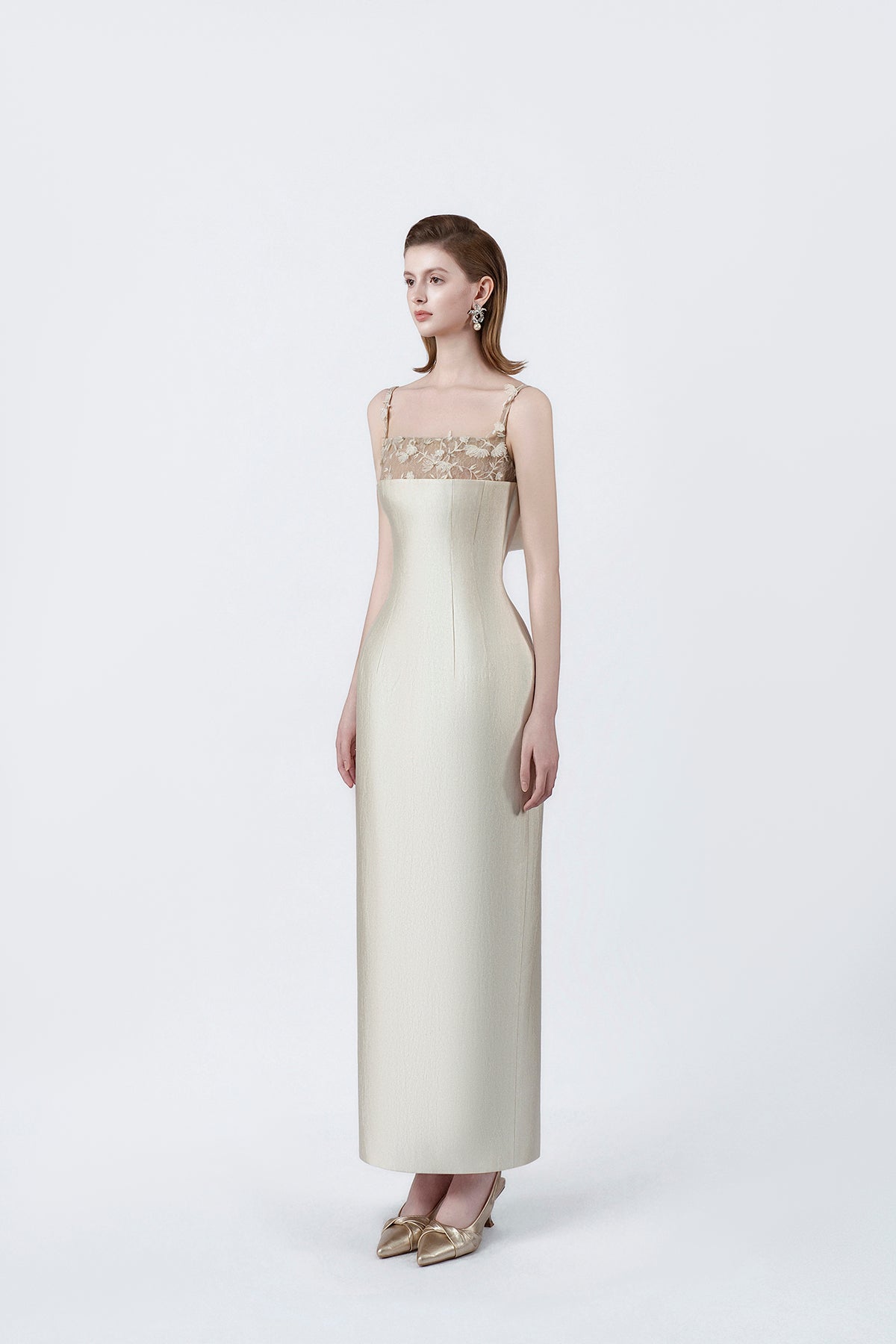 beige body-skimming pencil midi dress, DeTHEIA