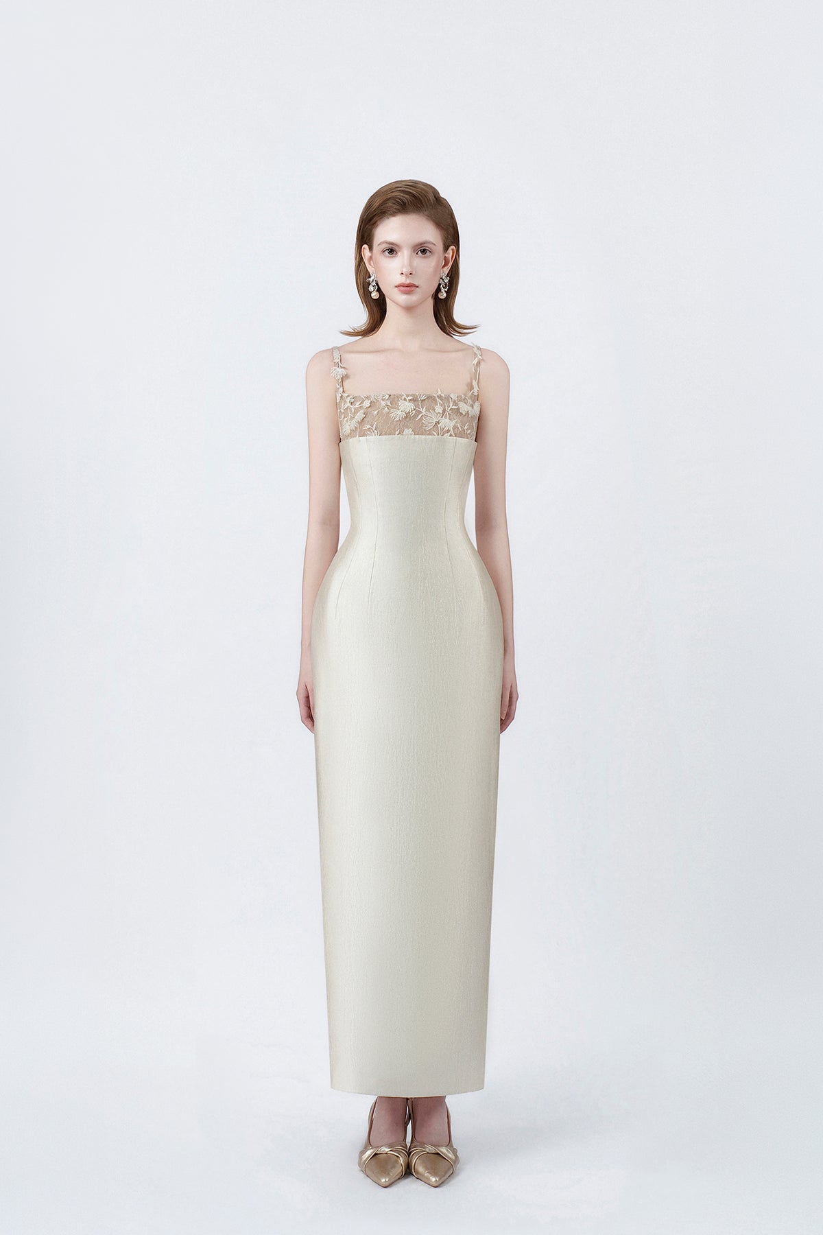 model in a beige square-neck pencil midi dress, DeTHEIA