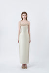 model in a beige square-neck pencil midi dress, DeTHEIA