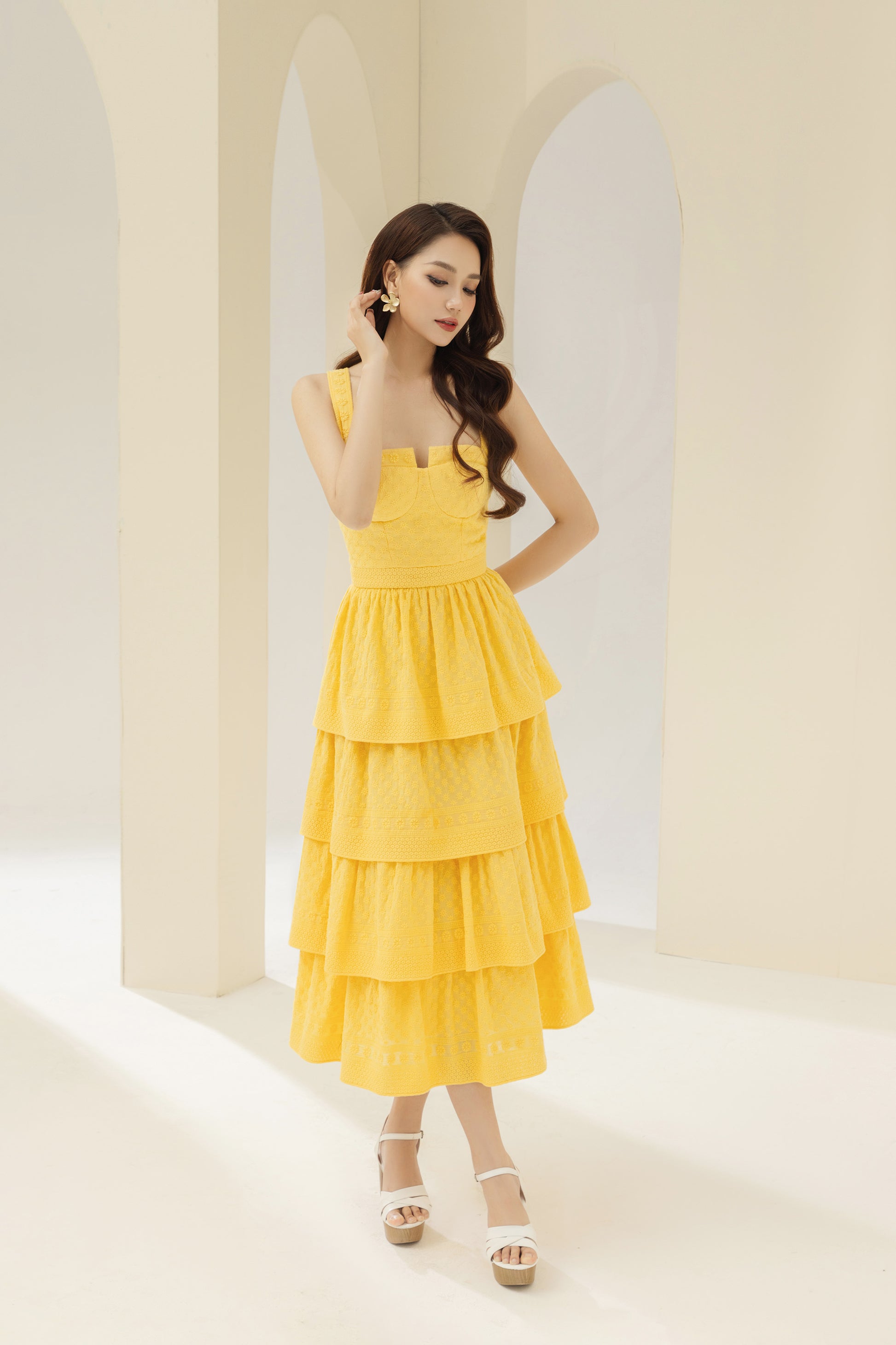 classy yellow dress lady in #yellow #dress #classy @dilettamenta shoulder midi dress Seorita Yellow A-Line Dress