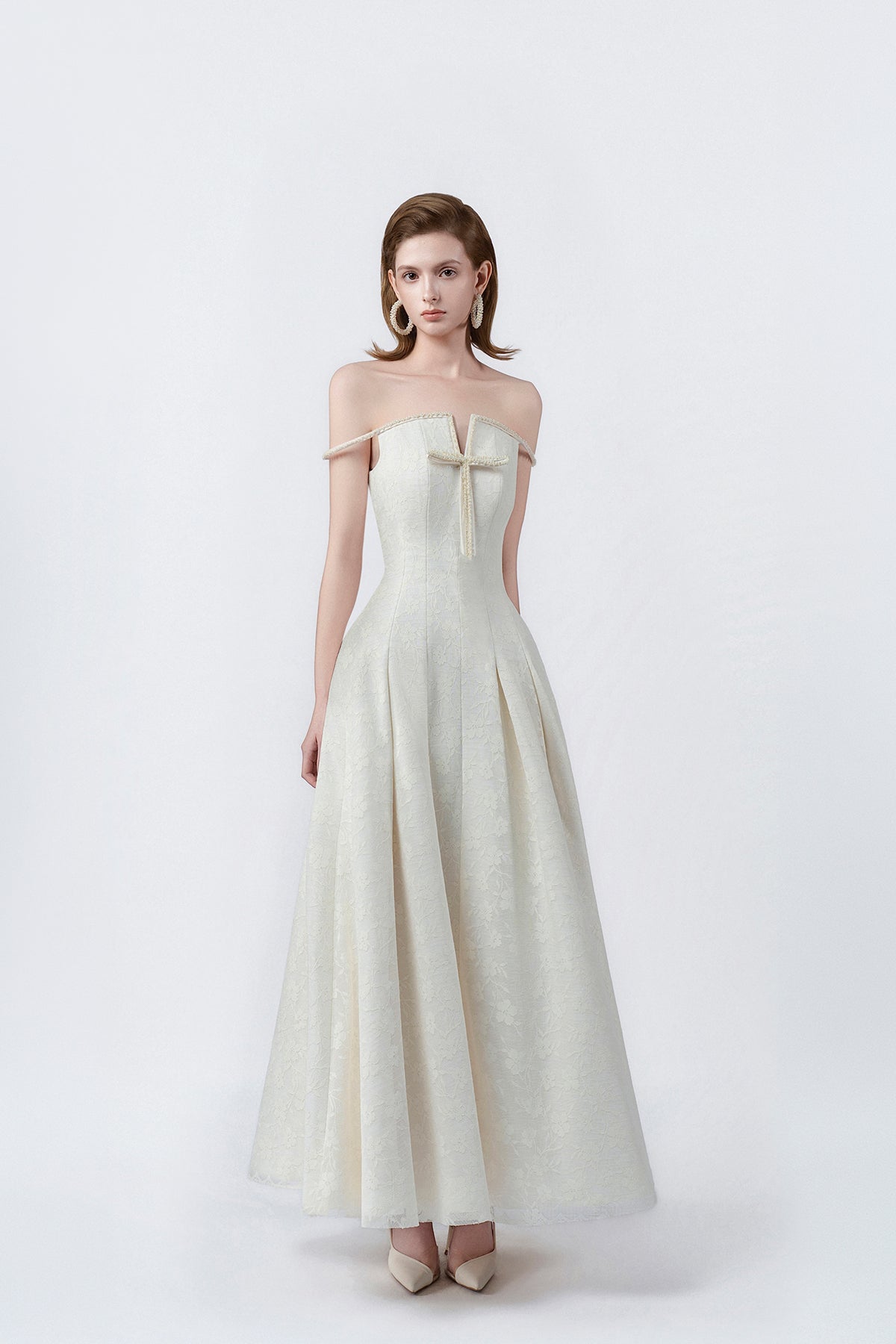 cream flared maxi dress, DeTHEIA