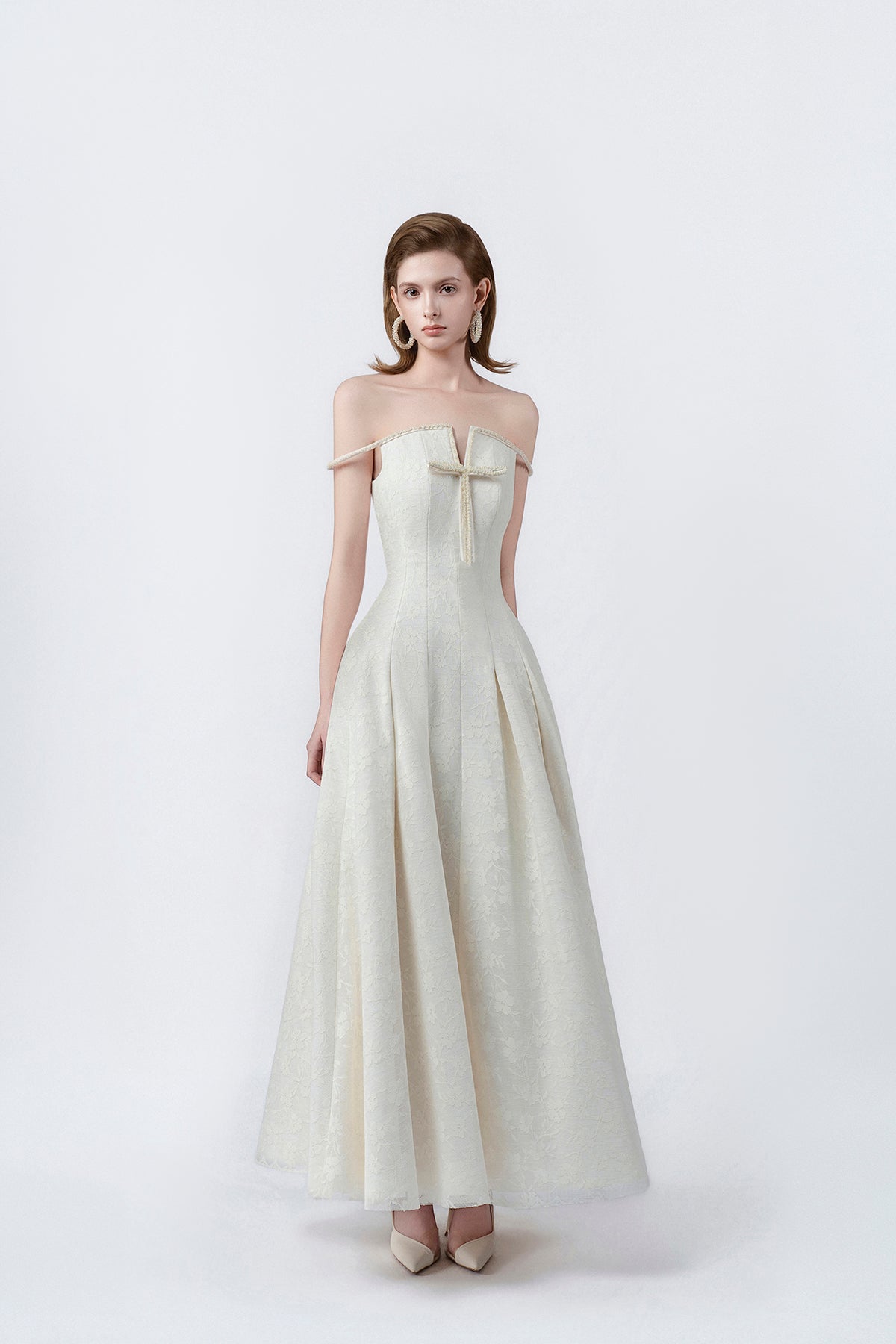 cream flared maxi dress, DeTHEIA