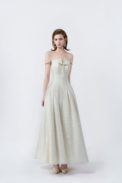 cream flared maxi dress, DeTHEIA