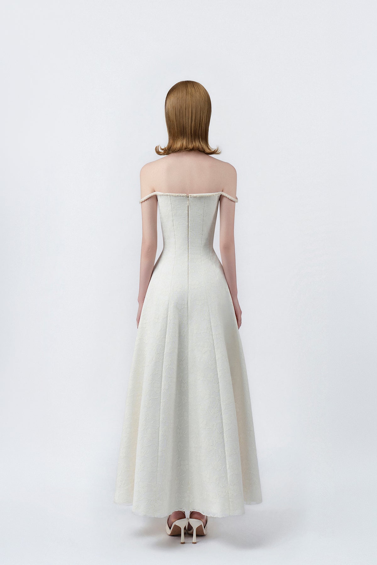 cream off-the-shoulder maxi dress with back zip, DeTHEIA