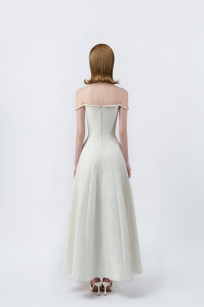 cream off-the-shoulder maxi dress with back zip, DeTHEIA