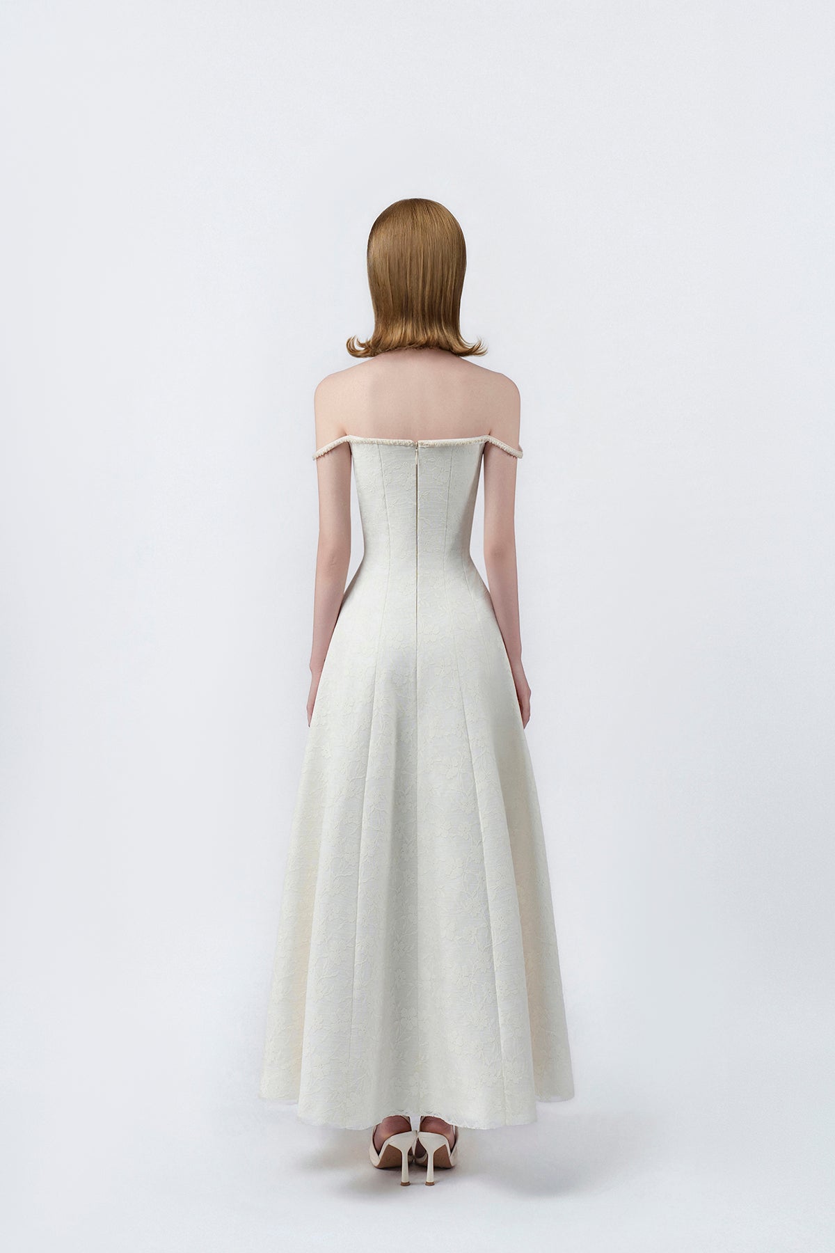 cream off-the-shoulder maxi dress with back zip, DeTHEIA