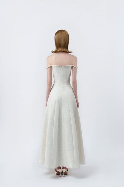 cream off-the-shoulder maxi dress with back zip, DeTHEIA