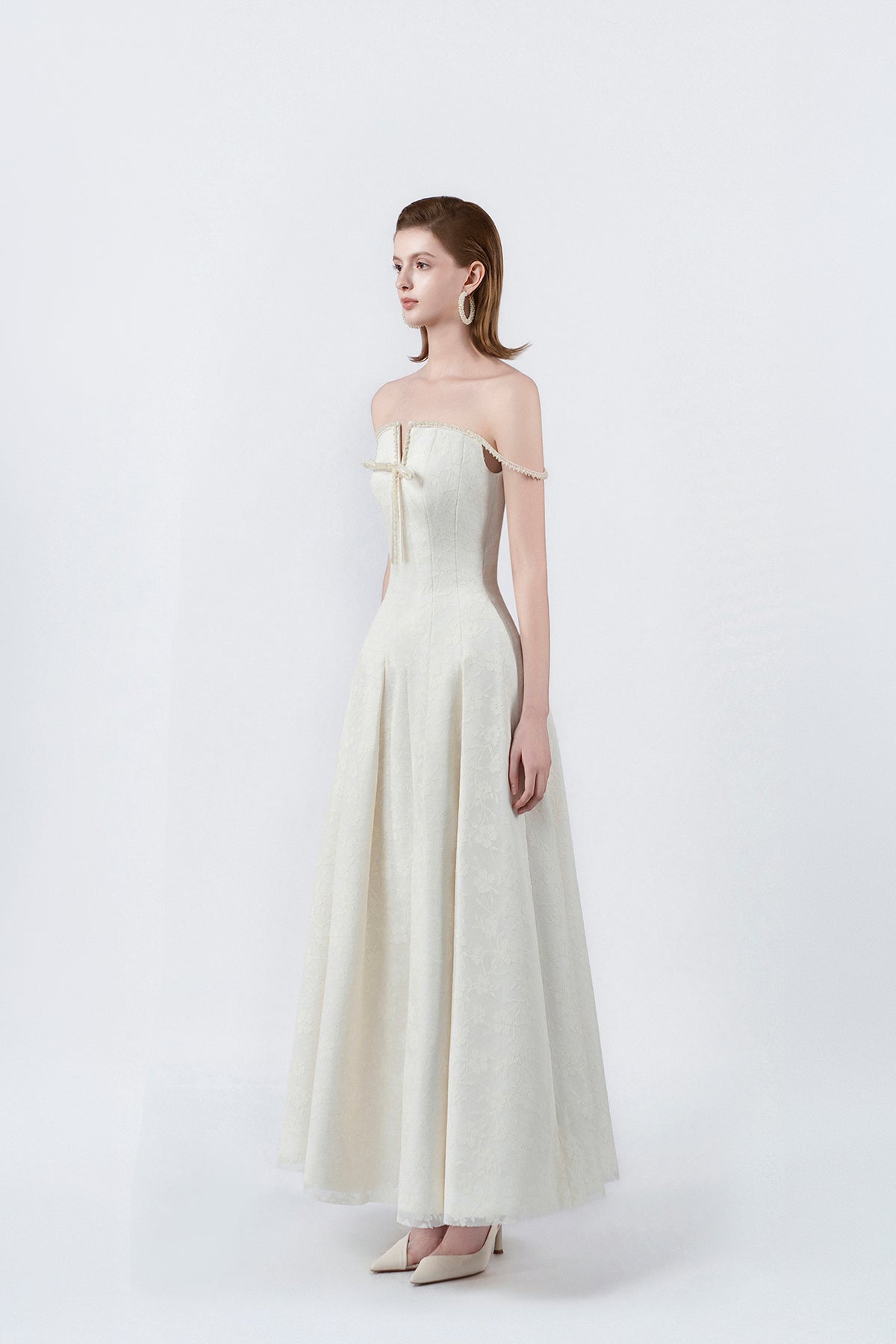 cream flared maxi dress, DeTHEIA