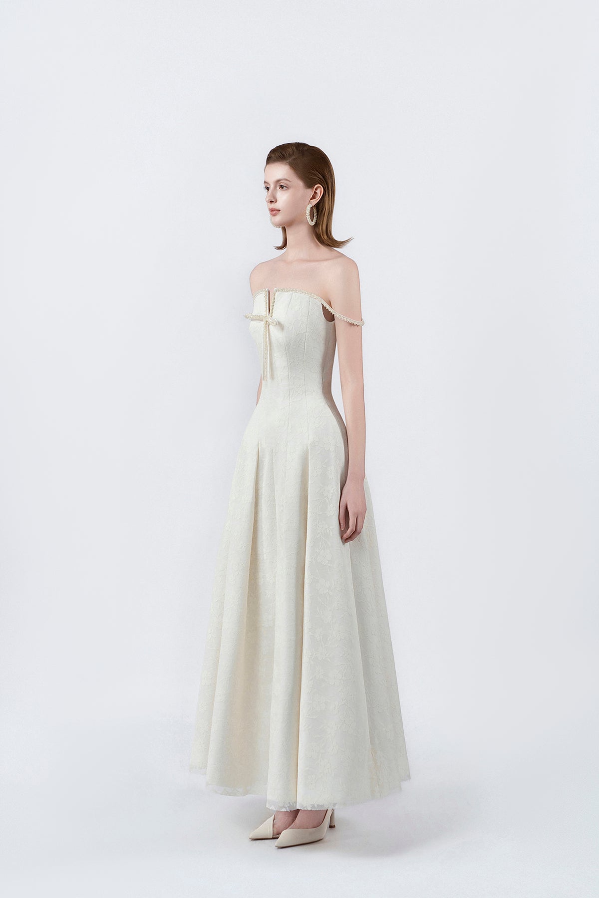 cream flared maxi dress, DeTHEIA