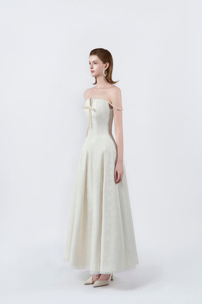 cream flared maxi dress, DeTHEIA