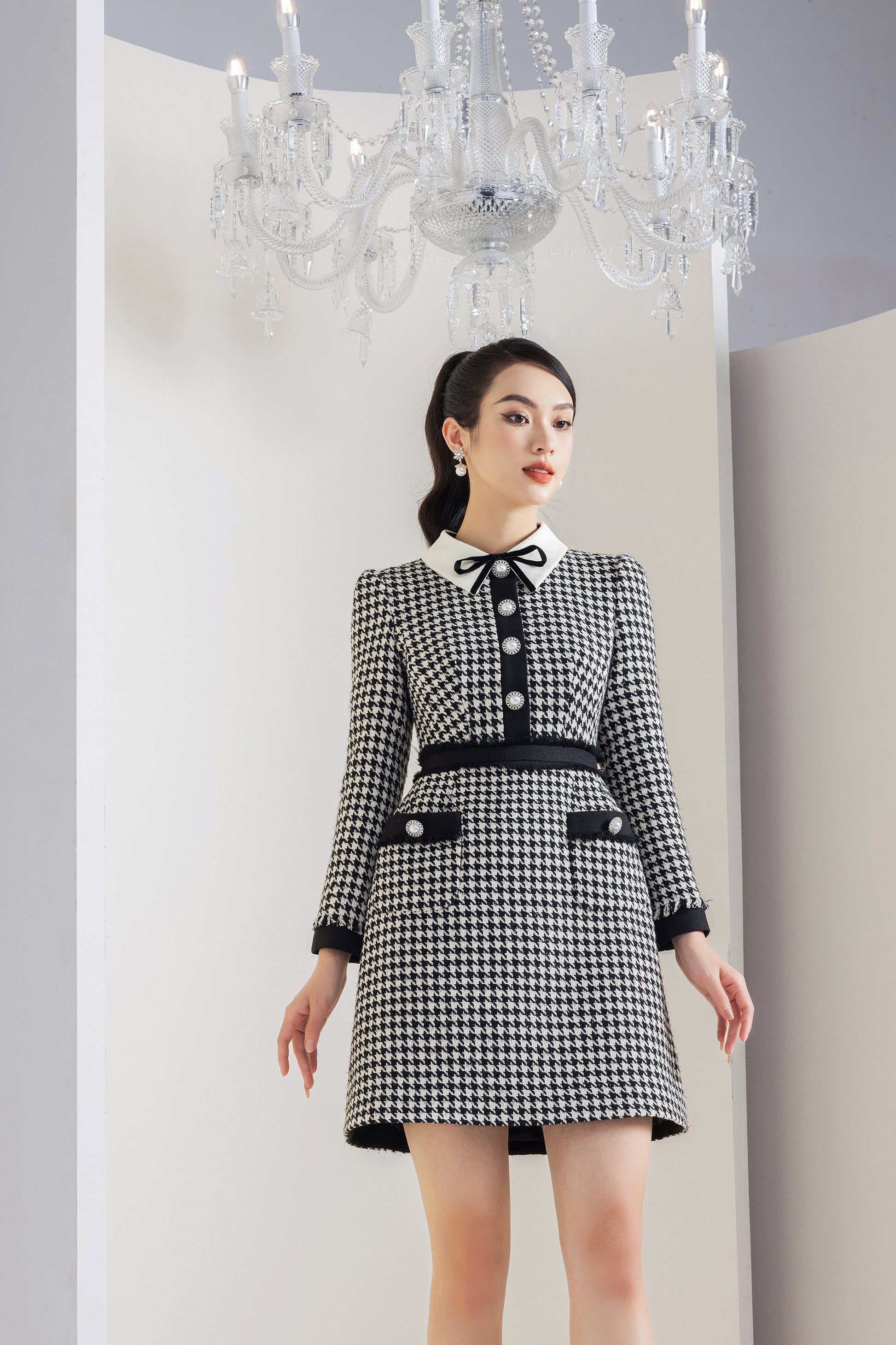 Irene Black A-Line Dress Houndstooth / L